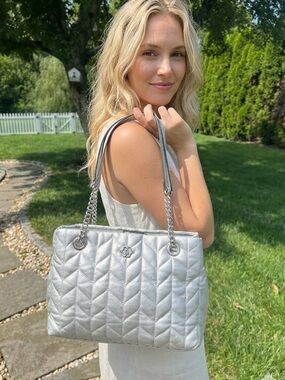 Nanette Lepore Quilted Silver Shoulder Bag with Chain Straps